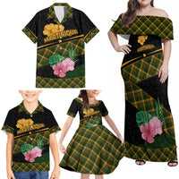 Martinique Heritage Family Matching Off Shoulder Maxi Dress and Hawaiian Shirt Hibiscus Floral Design with Green and Yellow Madras Tartan