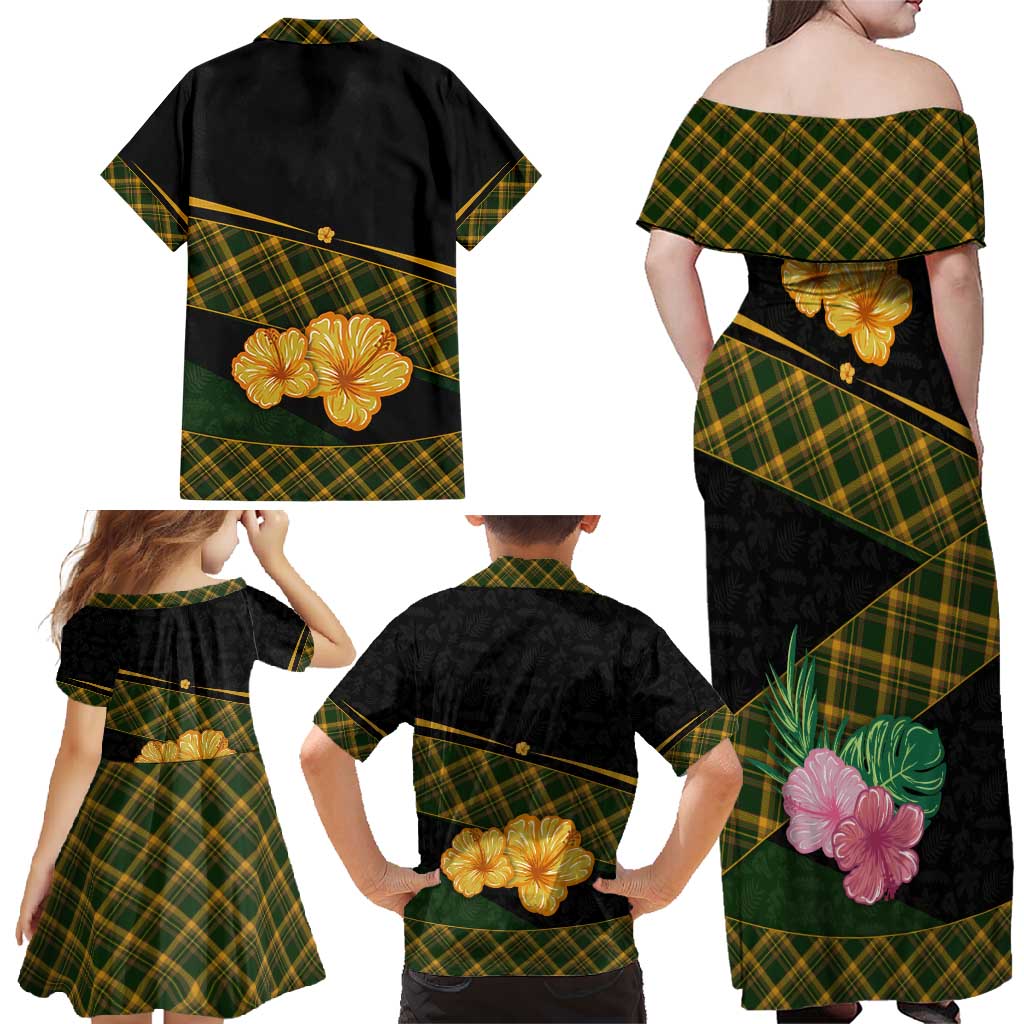 Martinique Heritage Family Matching Off Shoulder Maxi Dress and Hawaiian Shirt Hibiscus Floral Design with Green and Yellow Madras Tartan
