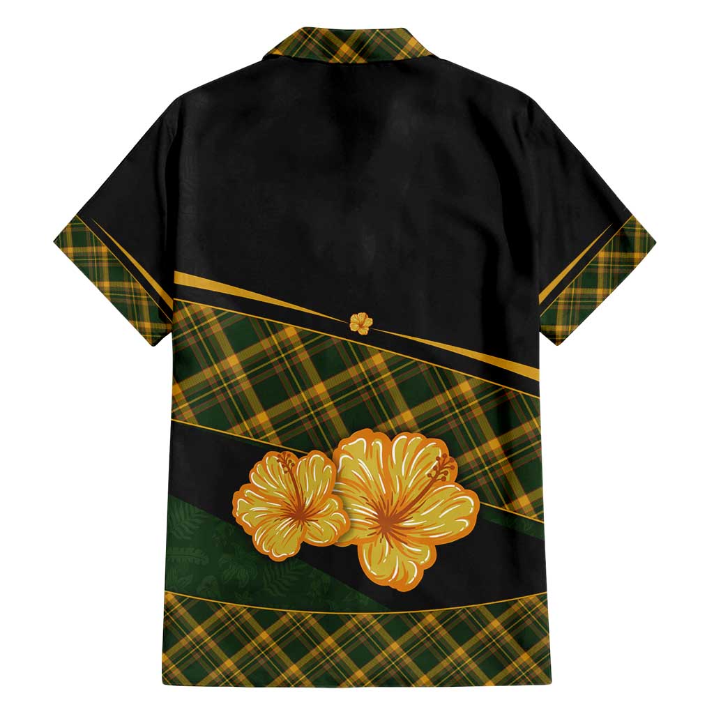 Martinique Heritage Family Matching Off Shoulder Maxi Dress and Hawaiian Shirt Hibiscus Floral Design with Green and Yellow Madras Tartan
