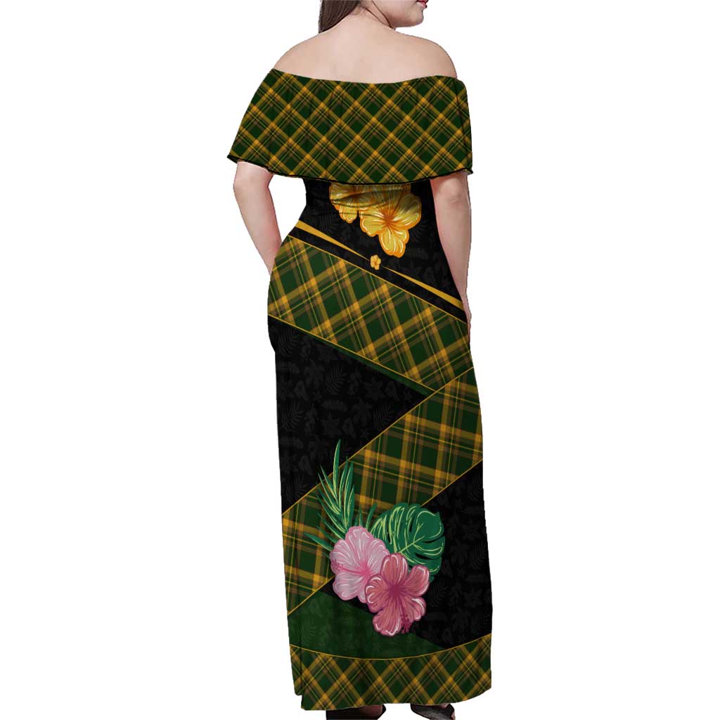 Martinique Heritage Family Matching Off Shoulder Maxi Dress and Hawaiian Shirt Hibiscus Floral Design with Green and Yellow Madras Tartan