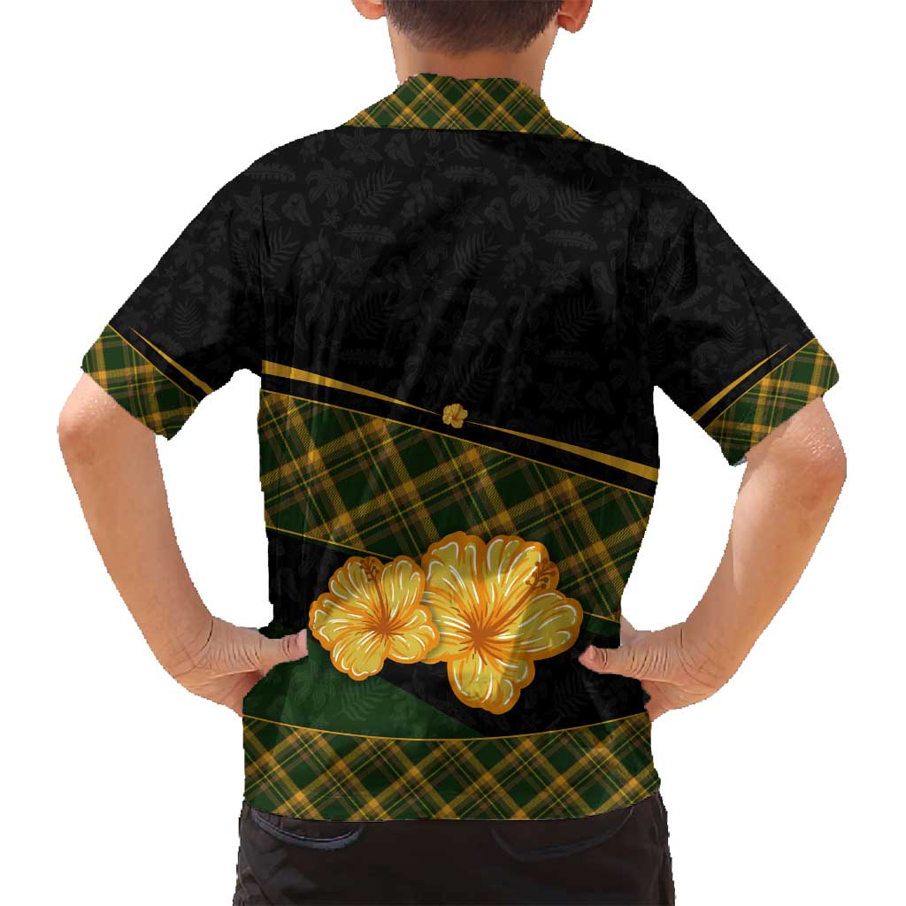 Martinique Heritage Family Matching Off Shoulder Short Dress and Hawaiian Shirt Hibiscus Floral Design with Green and Yellow Madras Tartan