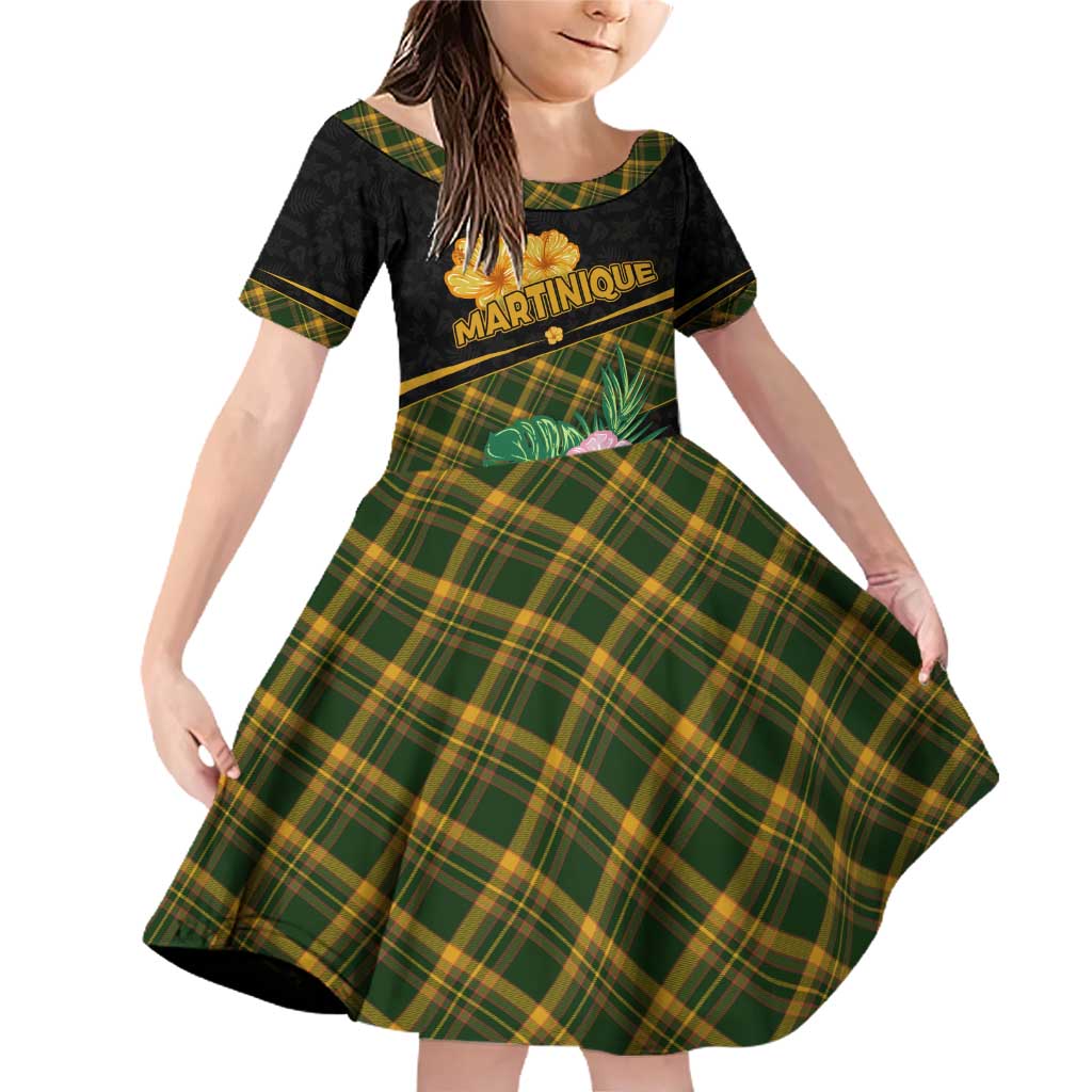 Martinique Heritage Family Matching Off Shoulder Short Dress and Hawaiian Shirt Hibiscus Floral Design with Green and Yellow Madras Tartan