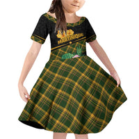 Martinique Heritage Family Matching Off Shoulder Short Dress and Hawaiian Shirt Hibiscus Floral Design with Green and Yellow Madras Tartan