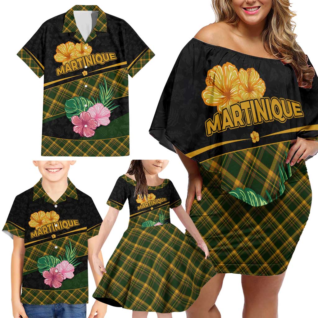Martinique Heritage Family Matching Off Shoulder Short Dress and Hawaiian Shirt Hibiscus Floral Design with Green and Yellow Madras Tartan