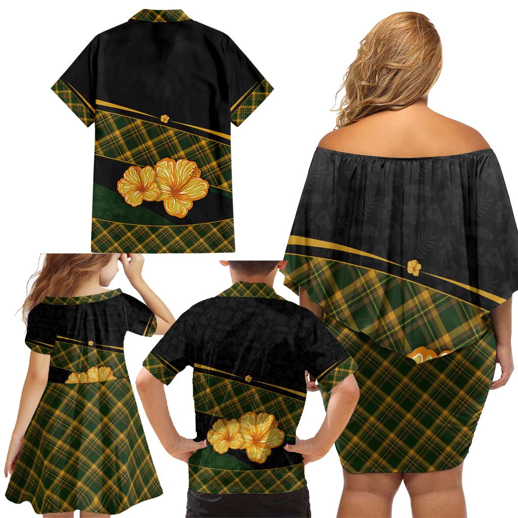 Martinique Heritage Family Matching Off Shoulder Short Dress and Hawaiian Shirt Hibiscus Floral Design with Green and Yellow Madras Tartan