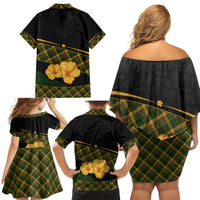 Martinique Heritage Family Matching Off Shoulder Short Dress and Hawaiian Shirt Hibiscus Floral Design with Green and Yellow Madras Tartan