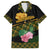 Martinique Heritage Family Matching Off Shoulder Short Dress and Hawaiian Shirt Hibiscus Floral Design with Green and Yellow Madras Tartan
