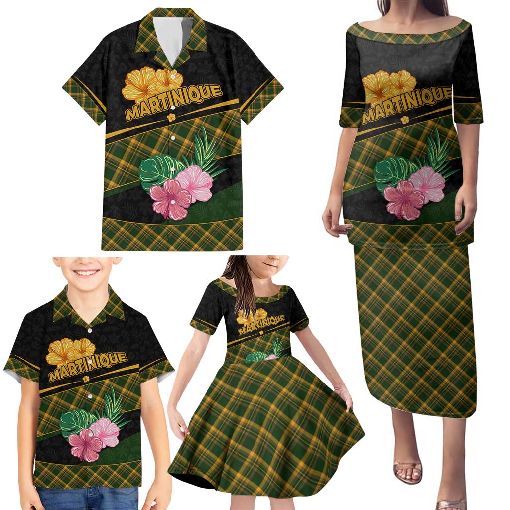 Martinique Heritage Family Matching Puletasi and Hawaiian Shirt Hibiscus Floral Design with Green and Yellow Madras Tartan