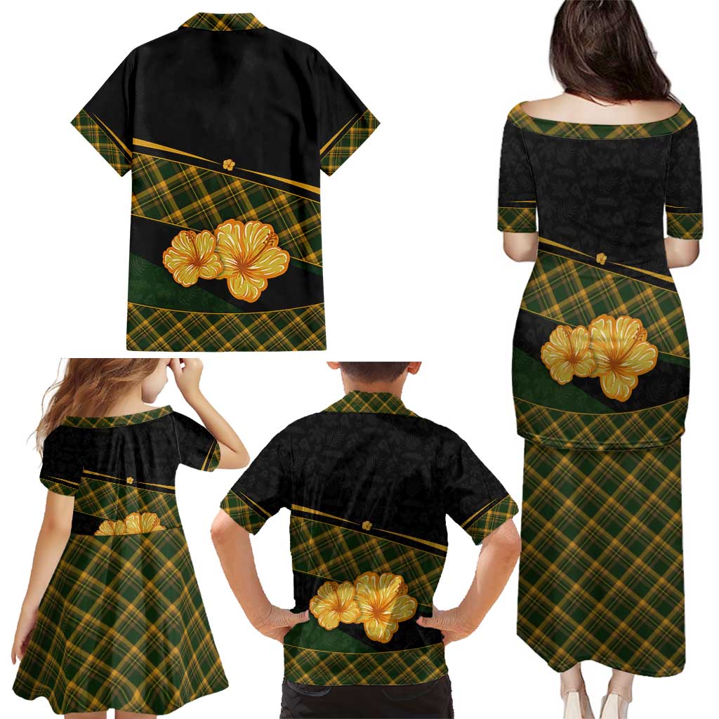 Martinique Heritage Family Matching Puletasi and Hawaiian Shirt Hibiscus Floral Design with Green and Yellow Madras Tartan
