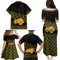Martinique Heritage Family Matching Puletasi and Hawaiian Shirt Hibiscus Floral Design with Green and Yellow Madras Tartan