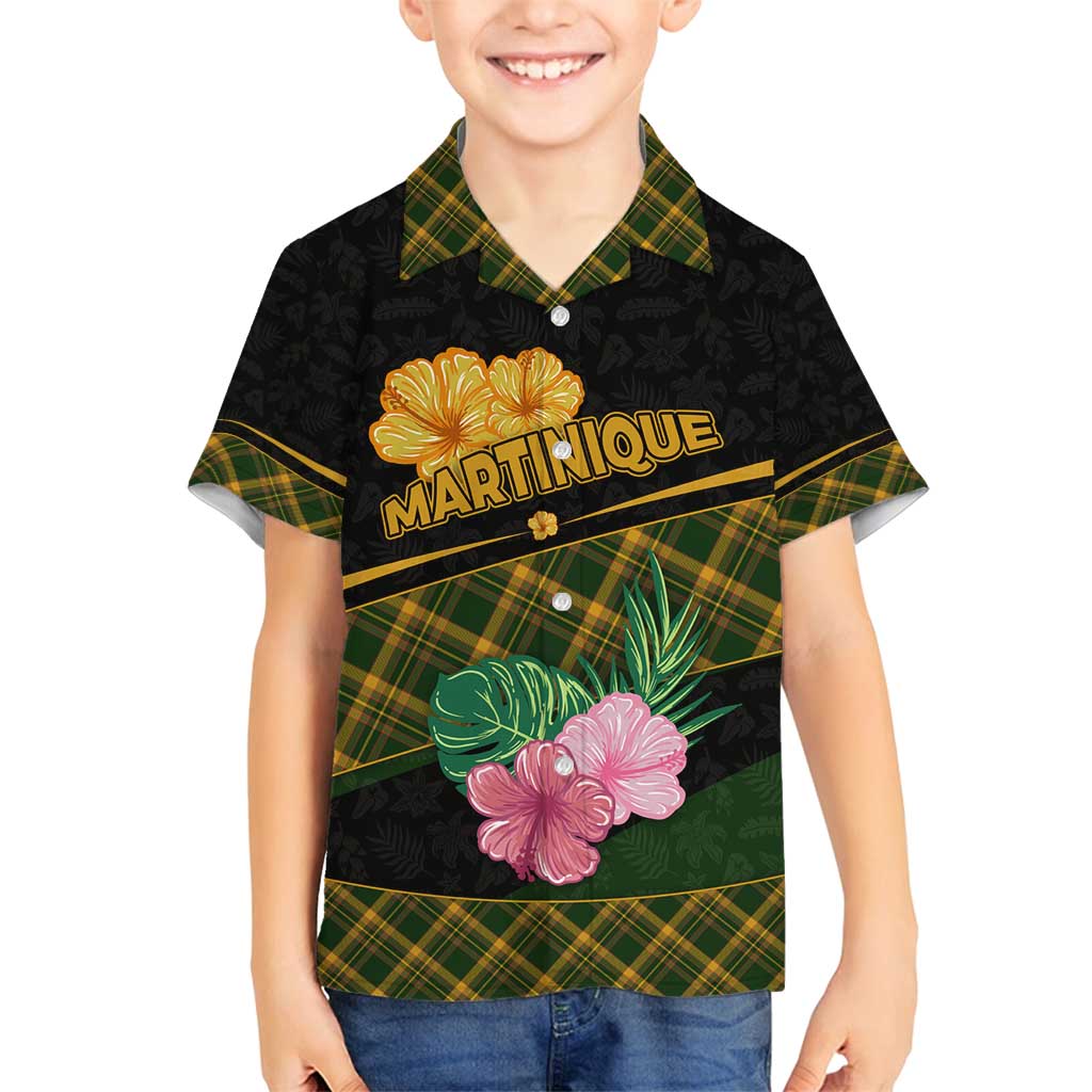 Martinique Heritage Family Matching Puletasi and Hawaiian Shirt Hibiscus Floral Design with Green and Yellow Madras Tartan