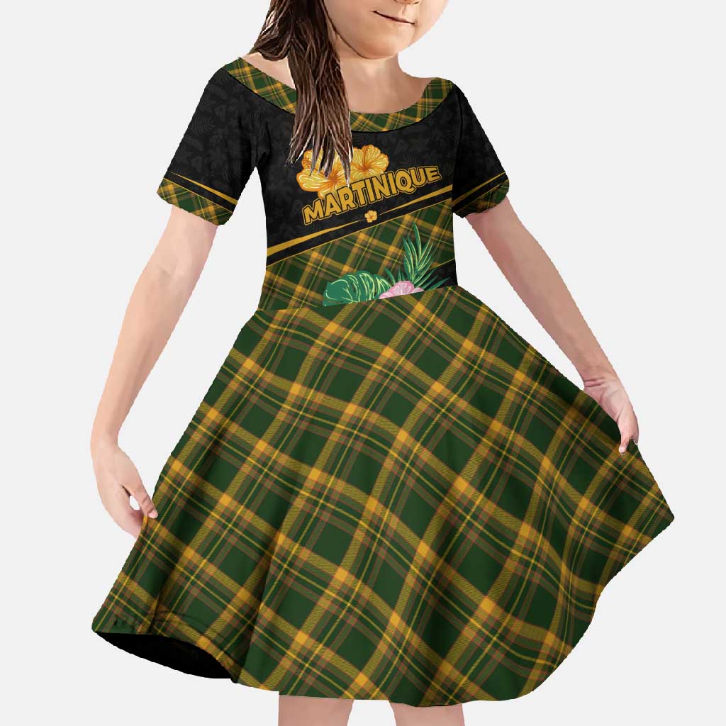 Martinique Heritage Family Matching Short Sleeve Bodycon Dress and Hawaiian Shirt Hibiscus Floral Design with Green and Yellow Madras Tartan