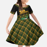 Martinique Heritage Family Matching Short Sleeve Bodycon Dress and Hawaiian Shirt Hibiscus Floral Design with Green and Yellow Madras Tartan