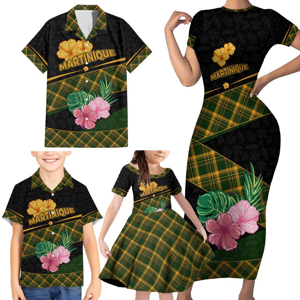 Martinique Heritage Family Matching Short Sleeve Bodycon Dress and Hawaiian Shirt Hibiscus Floral Design with Green and Yellow Madras Tartan