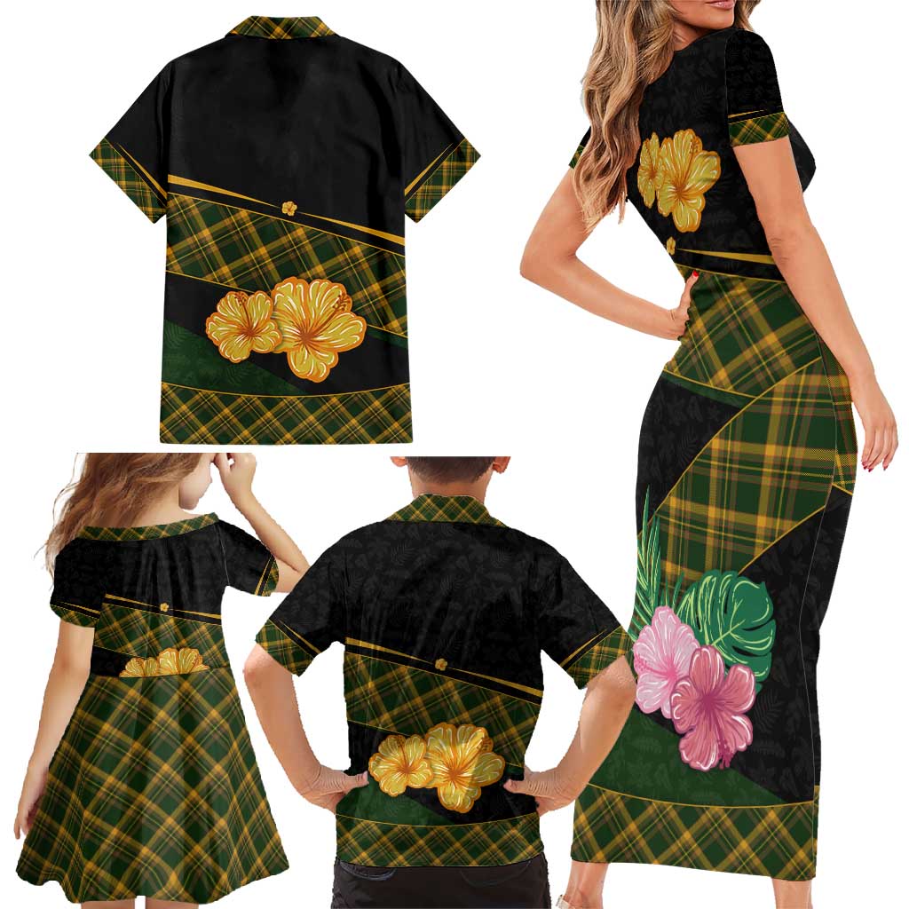 Martinique Heritage Family Matching Short Sleeve Bodycon Dress and Hawaiian Shirt Hibiscus Floral Design with Green and Yellow Madras Tartan