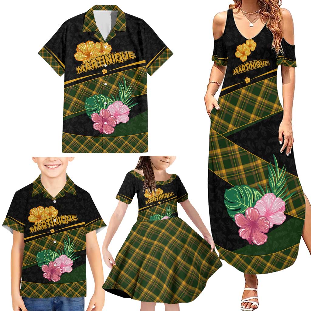 Martinique Heritage Family Matching Summer Maxi Dress and Hawaiian Shirt Hibiscus Floral Design with Green and Yellow Madras Tartan