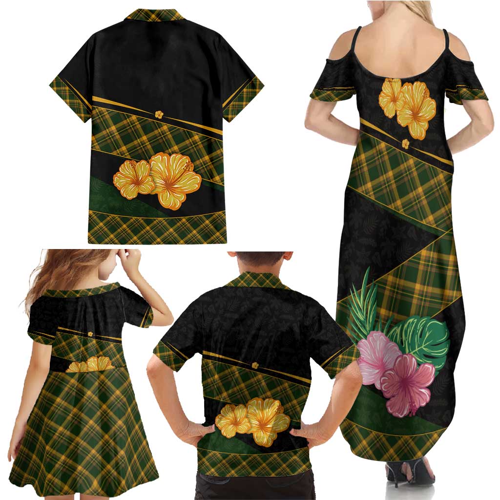 Martinique Heritage Family Matching Summer Maxi Dress and Hawaiian Shirt Hibiscus Floral Design with Green and Yellow Madras Tartan