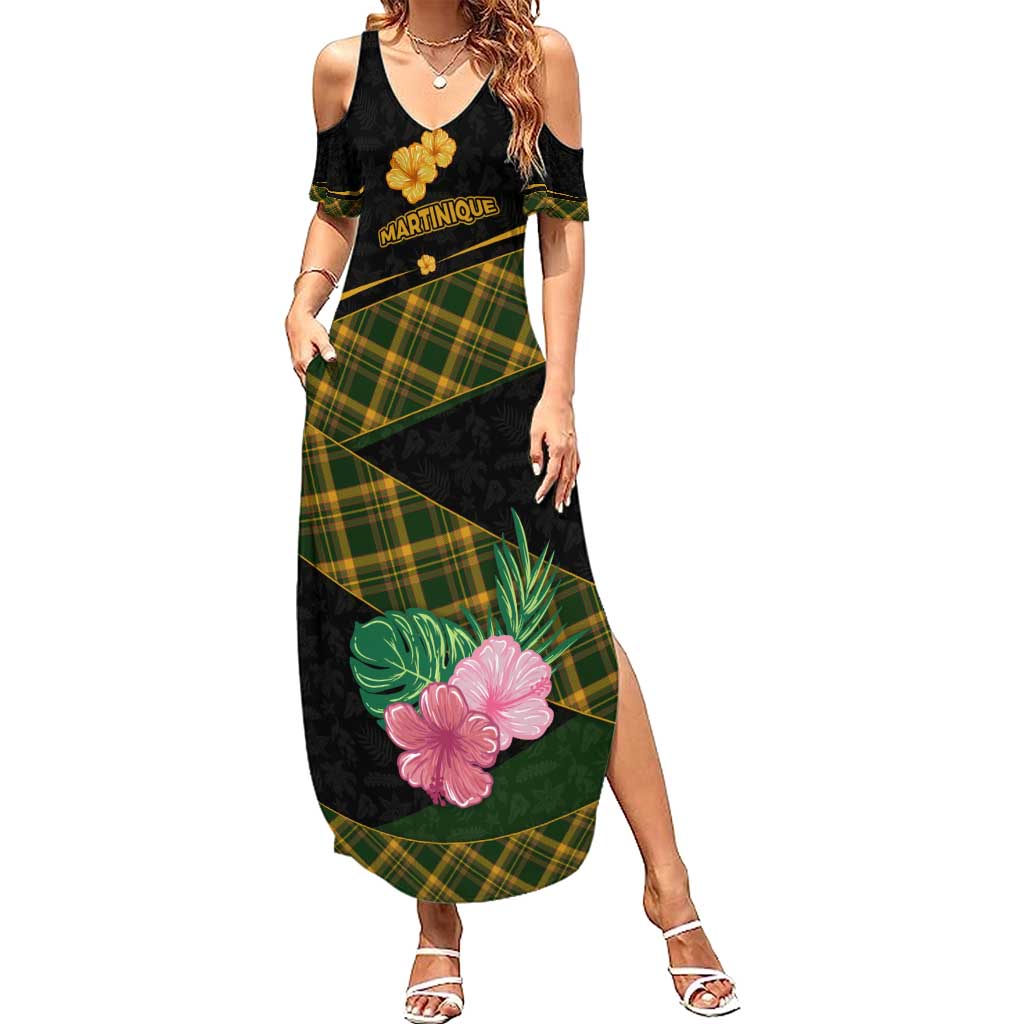 Martinique Heritage Family Matching Summer Maxi Dress and Hawaiian Shirt Hibiscus Floral Design with Green and Yellow Madras Tartan