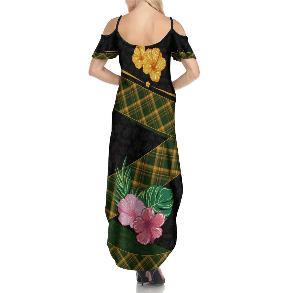 Martinique Heritage Family Matching Summer Maxi Dress and Hawaiian Shirt Hibiscus Floral Design with Green and Yellow Madras Tartan