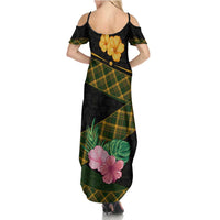 Martinique Heritage Family Matching Summer Maxi Dress and Hawaiian Shirt Hibiscus Floral Design with Green and Yellow Madras Tartan