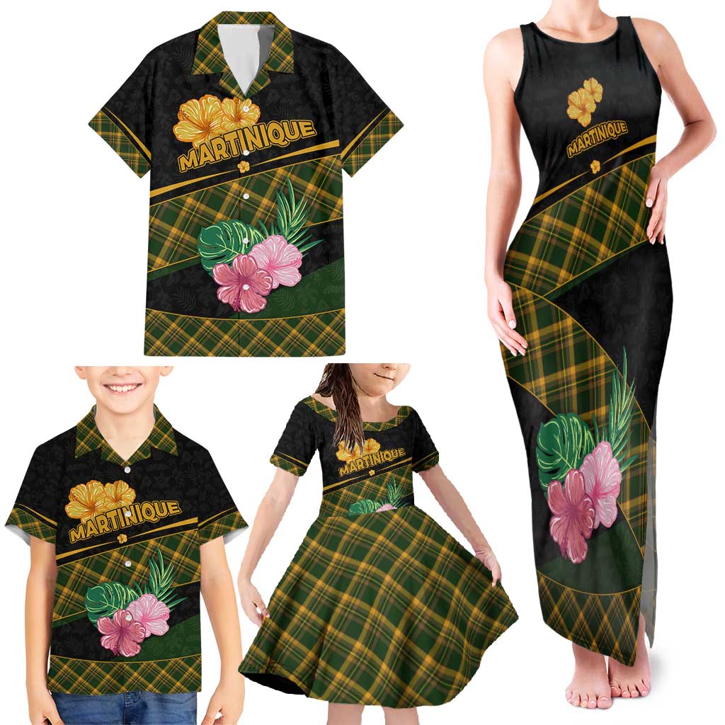 Martinique Heritage Family Matching Tank Maxi Dress and Hawaiian Shirt Hibiscus Floral Design with Green and Yellow Madras Tartan
