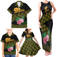 Martinique Heritage Family Matching Tank Maxi Dress and Hawaiian Shirt Hibiscus Floral Design with Green and Yellow Madras Tartan