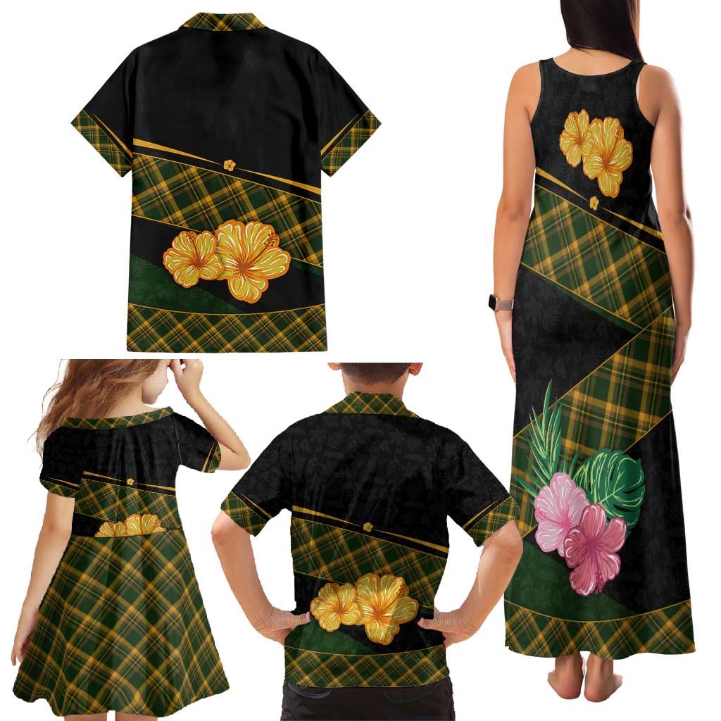 Martinique Heritage Family Matching Tank Maxi Dress and Hawaiian Shirt Hibiscus Floral Design with Green and Yellow Madras Tartan