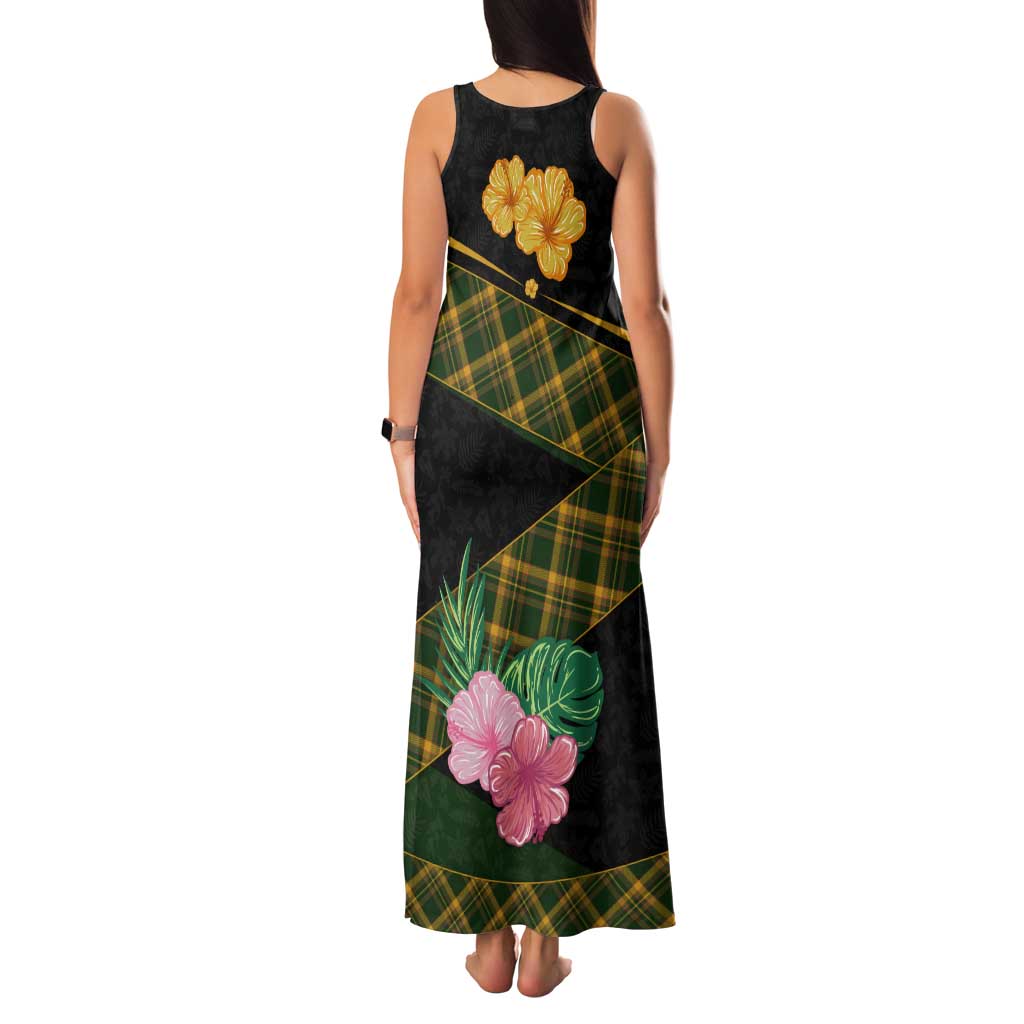 Martinique Heritage Family Matching Tank Maxi Dress and Hawaiian Shirt Hibiscus Floral Design with Green and Yellow Madras Tartan
