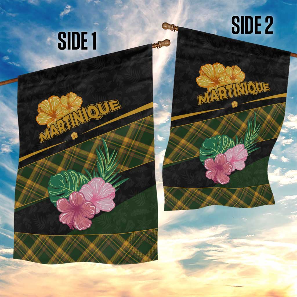 Martinique Heritage Garden Flag Hibiscus Floral Design with Green and Yellow Madras Tartan
