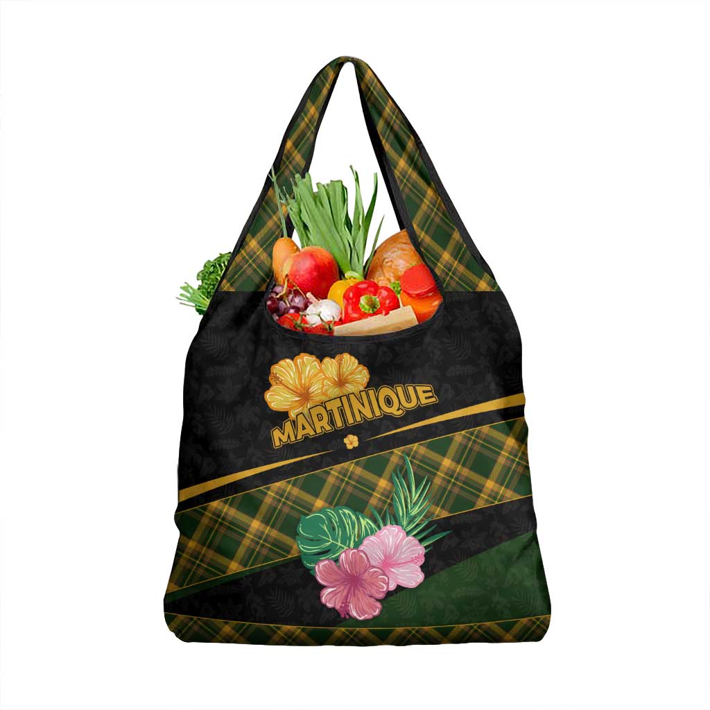 Martinique Heritage Grocery Bag Hibiscus Floral Design with Green and Yellow Madras Tartan