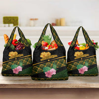 Martinique Heritage Grocery Bag Hibiscus Floral Design with Green and Yellow Madras Tartan