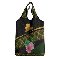 Martinique Heritage Grocery Bag Hibiscus Floral Design with Green and Yellow Madras Tartan