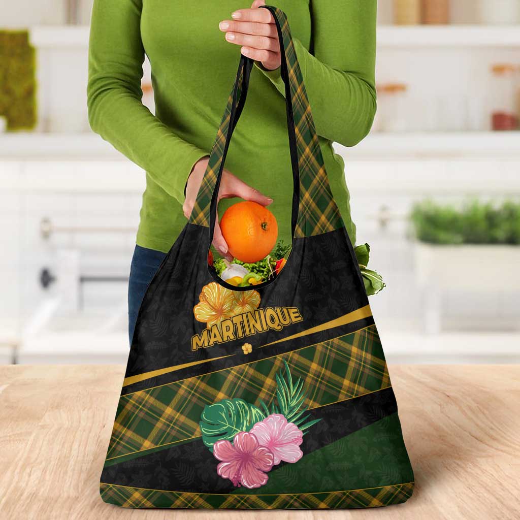 Martinique Heritage Grocery Bag Hibiscus Floral Design with Green and Yellow Madras Tartan