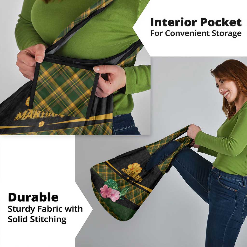 Martinique Heritage Grocery Bag Hibiscus Floral Design with Green and Yellow Madras Tartan
