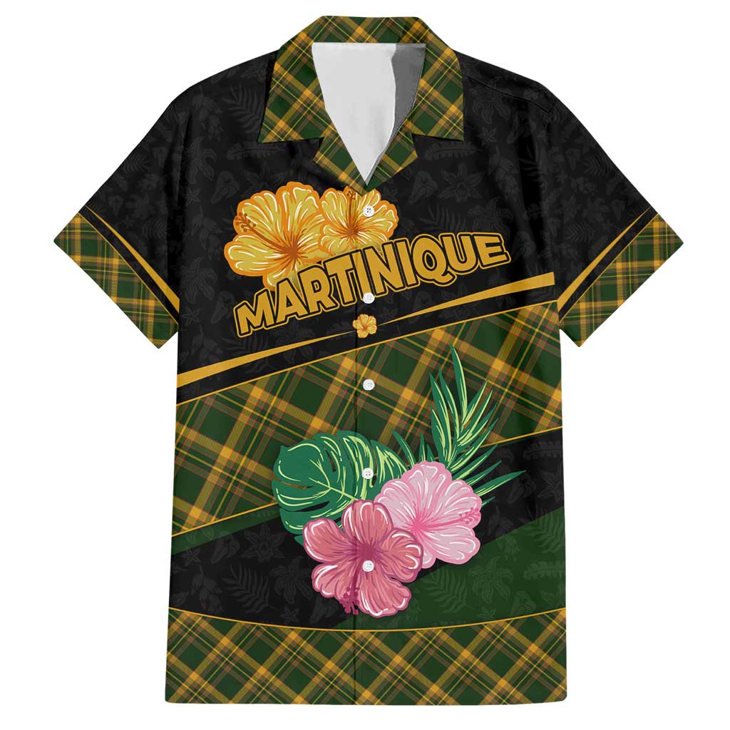 Martinique Heritage Hawaiian Shirt Hibiscus Floral Design with Green and Yellow Madras Tartan