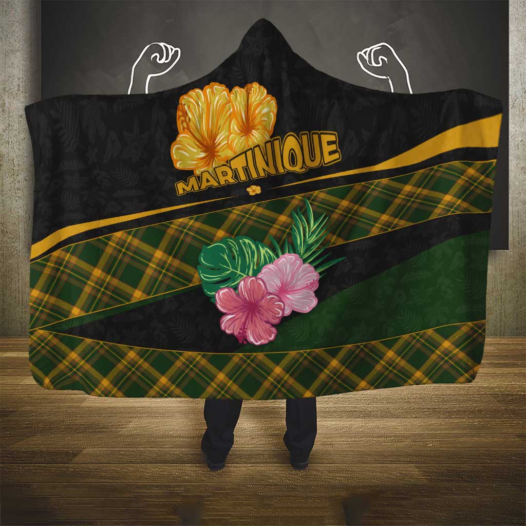 Martinique Heritage Hooded Blanket Hibiscus Floral Design with Green and Yellow Madras Tartan
