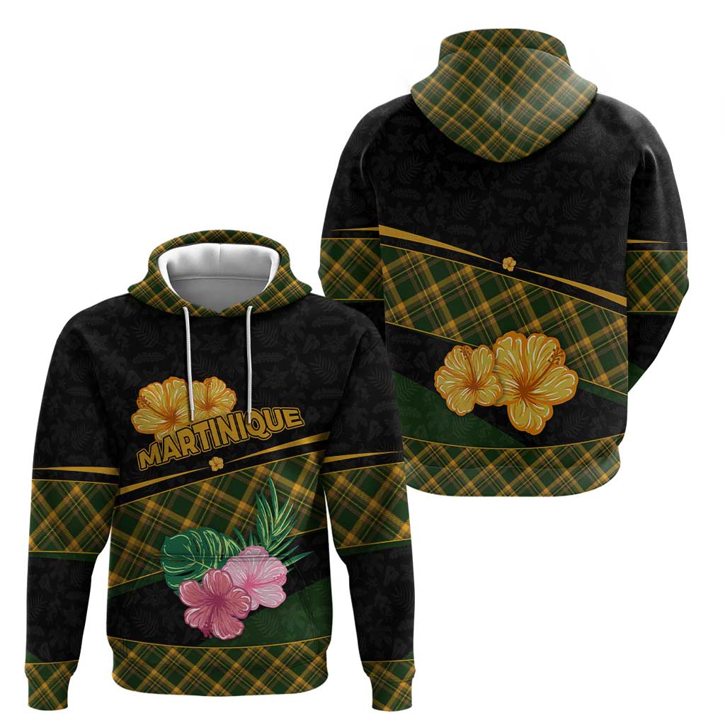 Martinique Heritage Hoodie Hibiscus Floral Design with Green and Yellow Madras Tartan