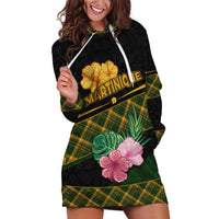 Martinique Heritage Hoodie Dress Hibiscus Floral Design with Green and Yellow Madras Tartan