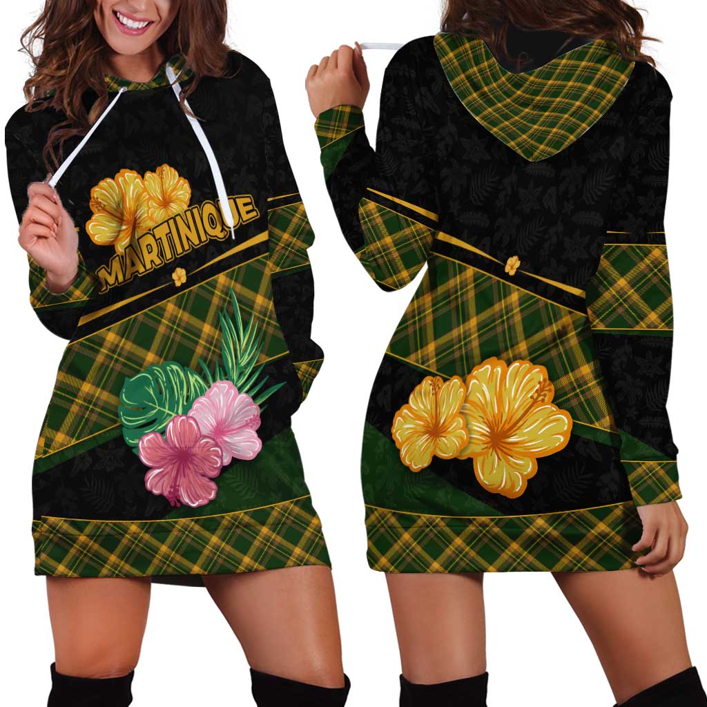 Martinique Heritage Hoodie Dress Hibiscus Floral Design with Green and Yellow Madras Tartan