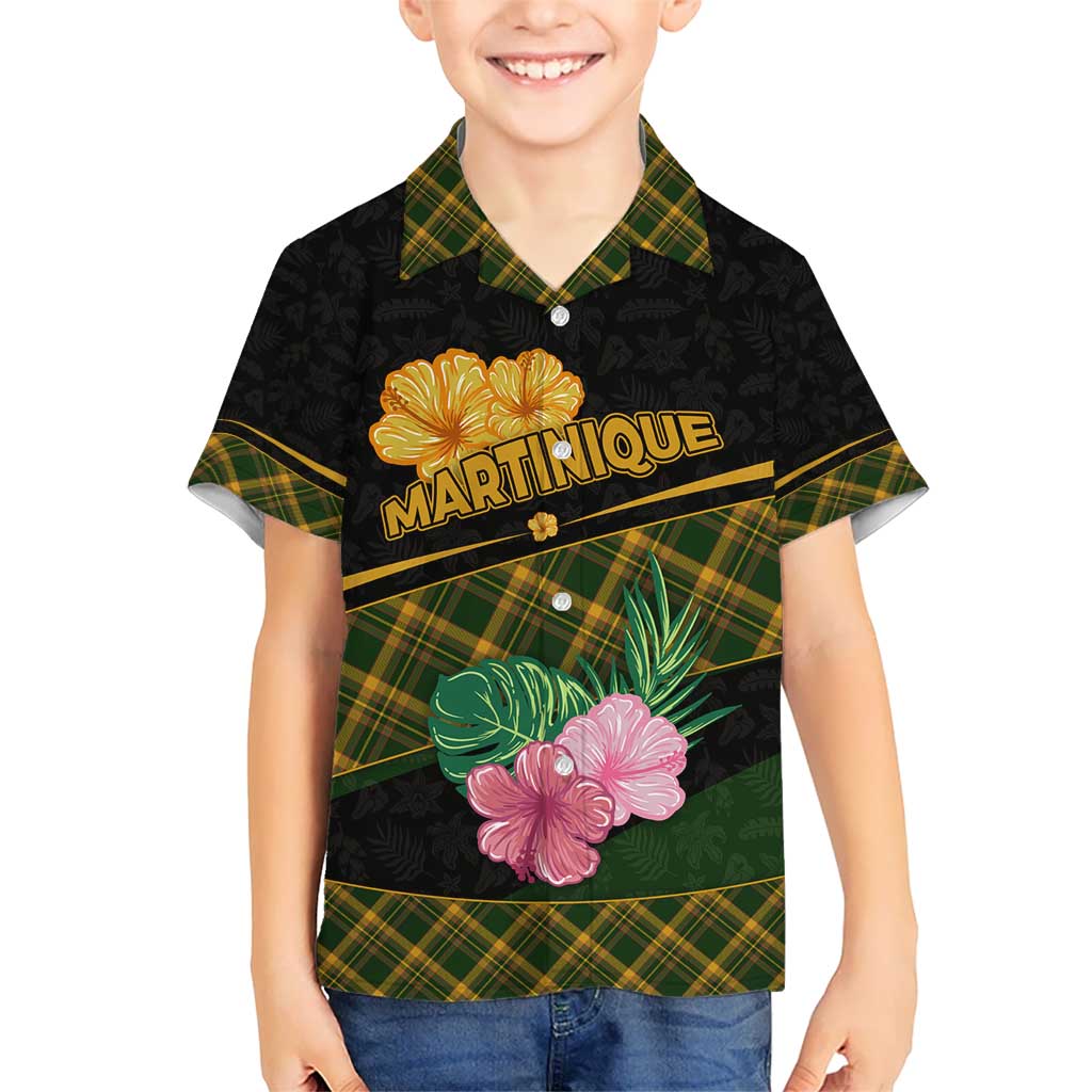 Martinique Heritage Kid Hawaiian Shirt Hibiscus Floral Design with Green and Yellow Madras Tartan