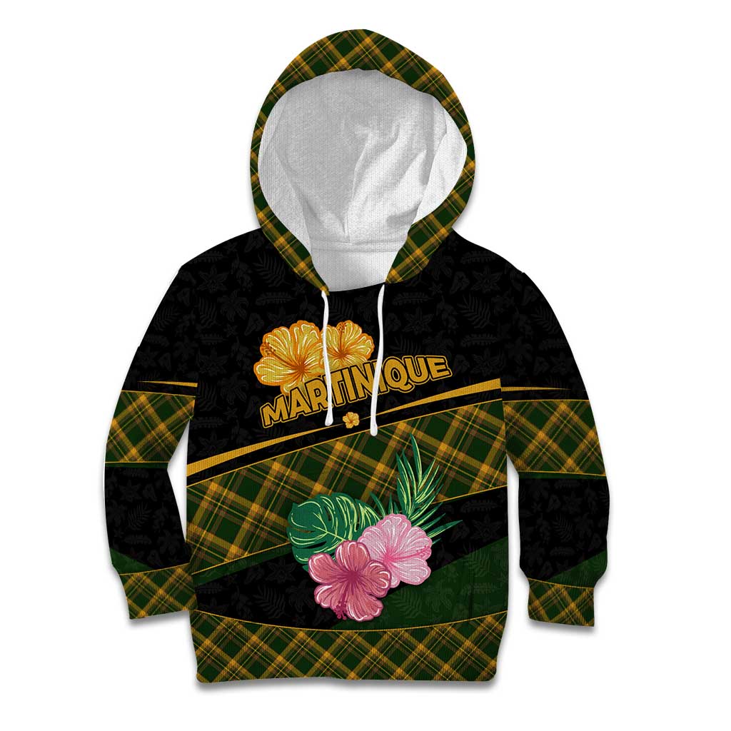 Martinique Heritage Kid Hoodie Hibiscus Floral Design with Green and Yellow Madras Tartan