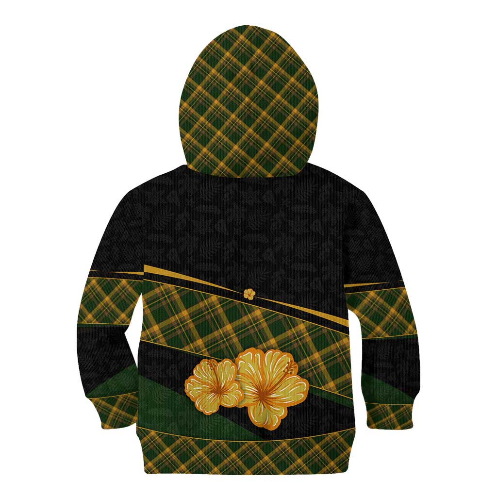 Martinique Heritage Kid Hoodie Hibiscus Floral Design with Green and Yellow Madras Tartan