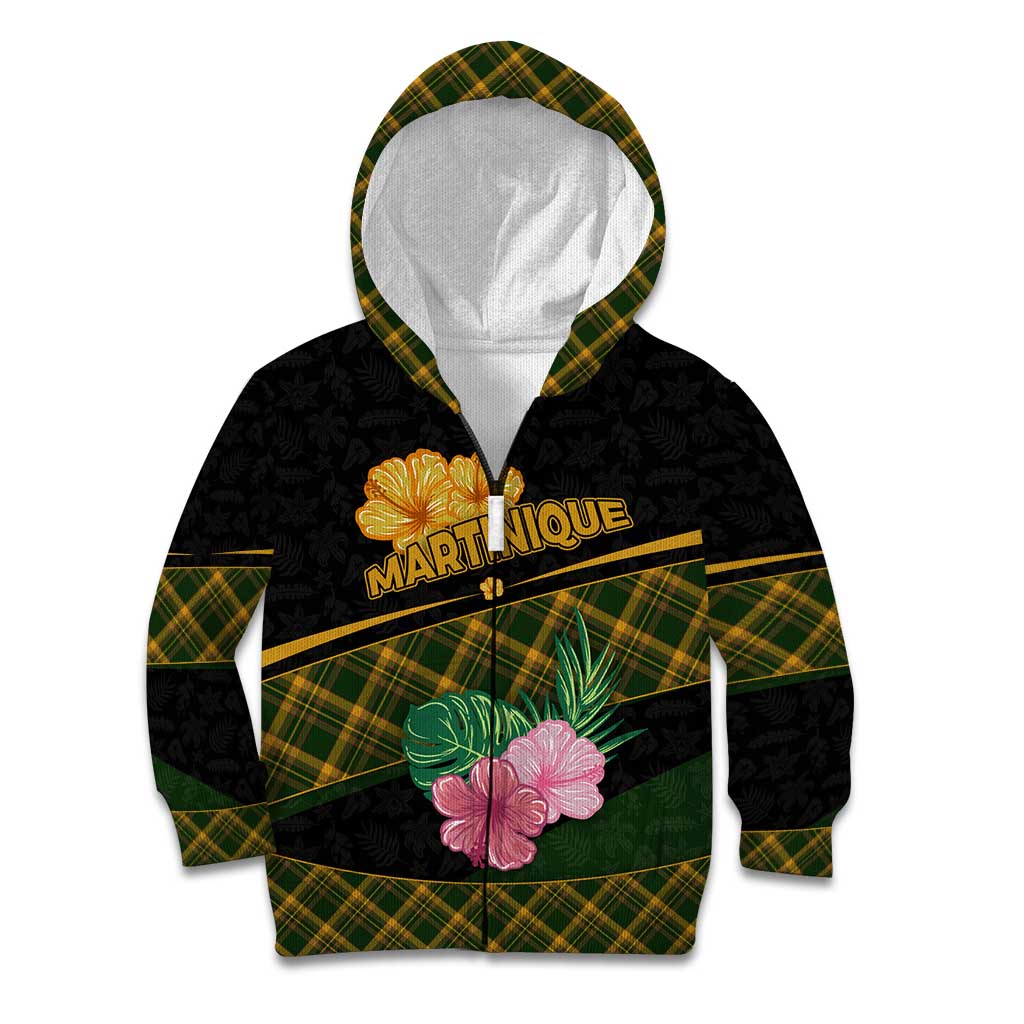 Martinique Heritage Kid Hoodie Hibiscus Floral Design with Green and Yellow Madras Tartan