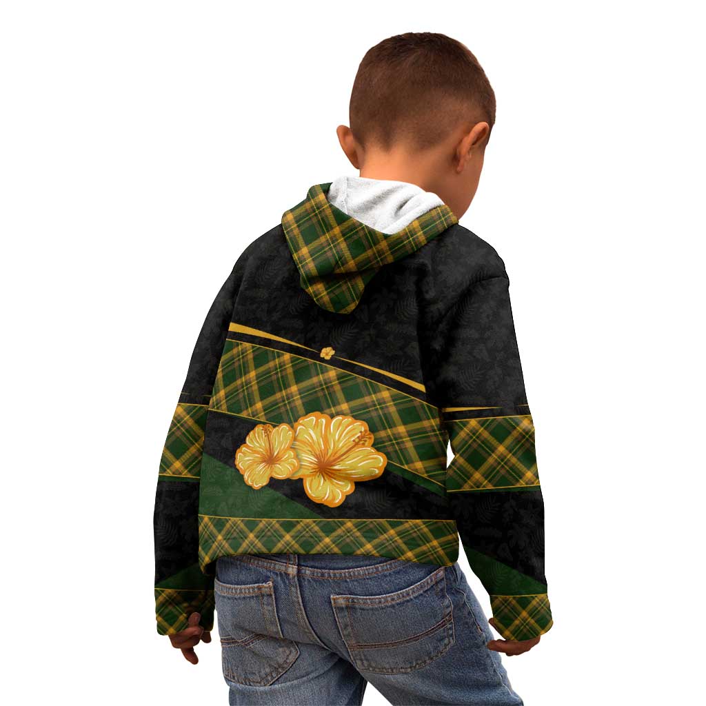 Martinique Heritage Kid Hoodie Hibiscus Floral Design with Green and Yellow Madras Tartan