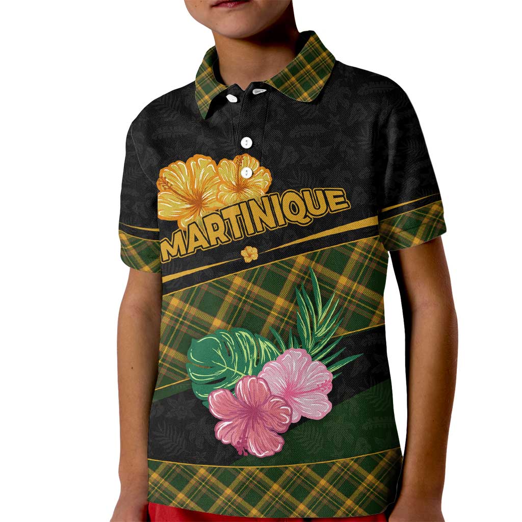 Martinique Heritage Kid Polo Shirt Hibiscus Floral Design with Green and Yellow Madras Tartan