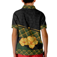 Martinique Heritage Kid Polo Shirt Hibiscus Floral Design with Green and Yellow Madras Tartan