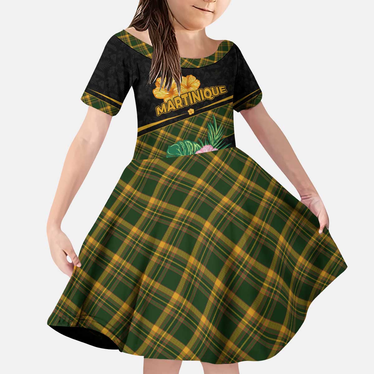 Martinique Heritage Kid Short Sleeve Dress Hibiscus Floral Design with Green and Yellow Madras Tartan