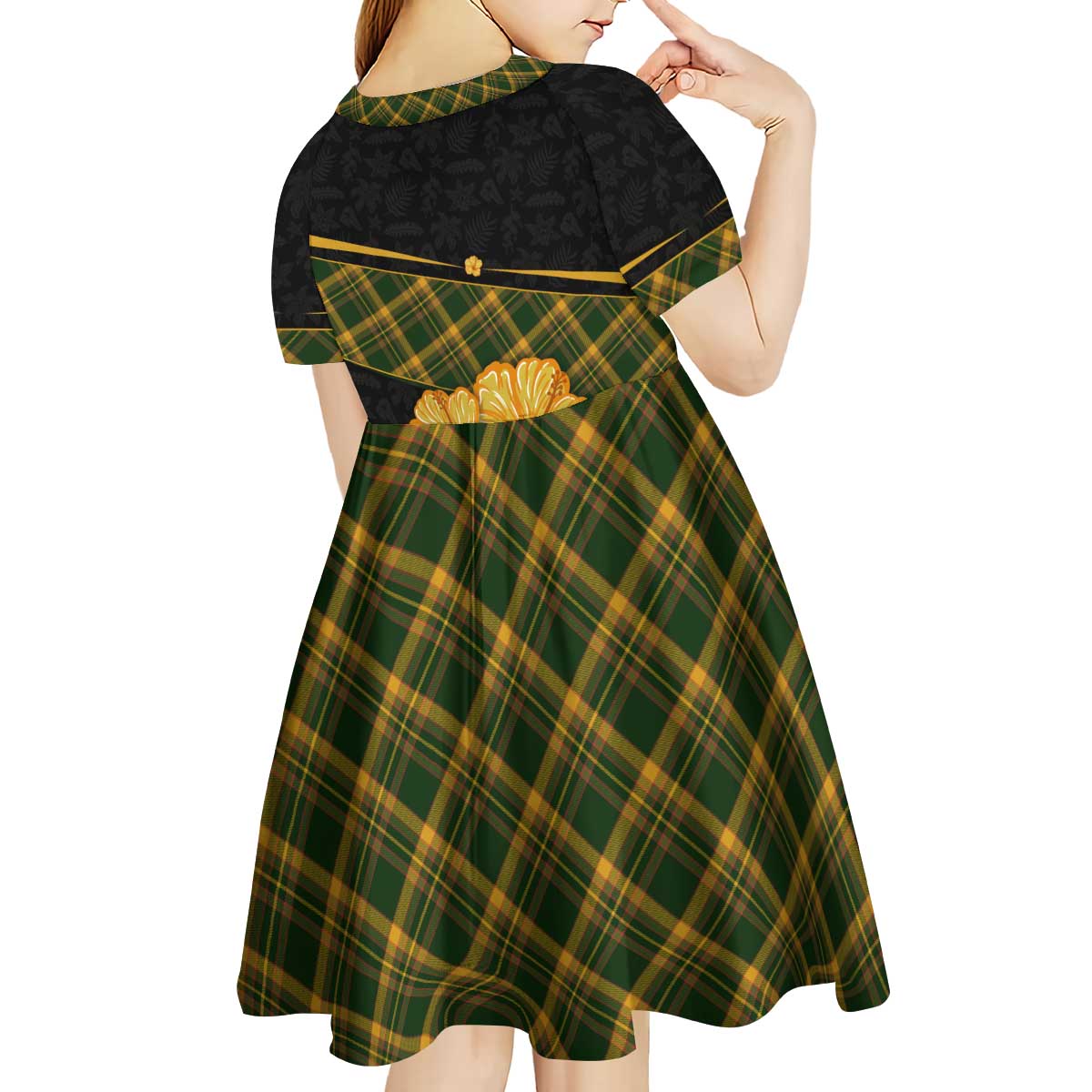 Martinique Heritage Kid Short Sleeve Dress Hibiscus Floral Design with Green and Yellow Madras Tartan