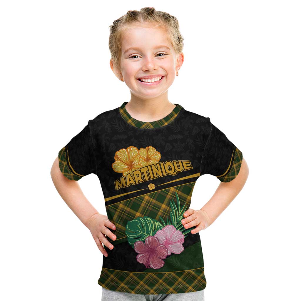 Martinique Heritage Kid T Shirt Hibiscus Floral Design with Green and Yellow Madras Tartan