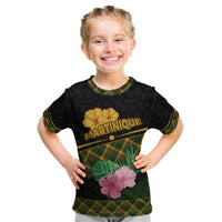 Martinique Heritage Kid T Shirt Hibiscus Floral Design with Green and Yellow Madras Tartan